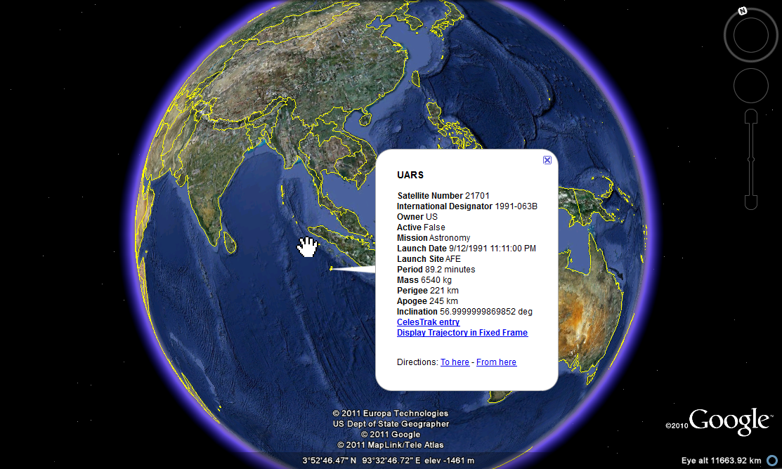 UARS last know location on Google Earth