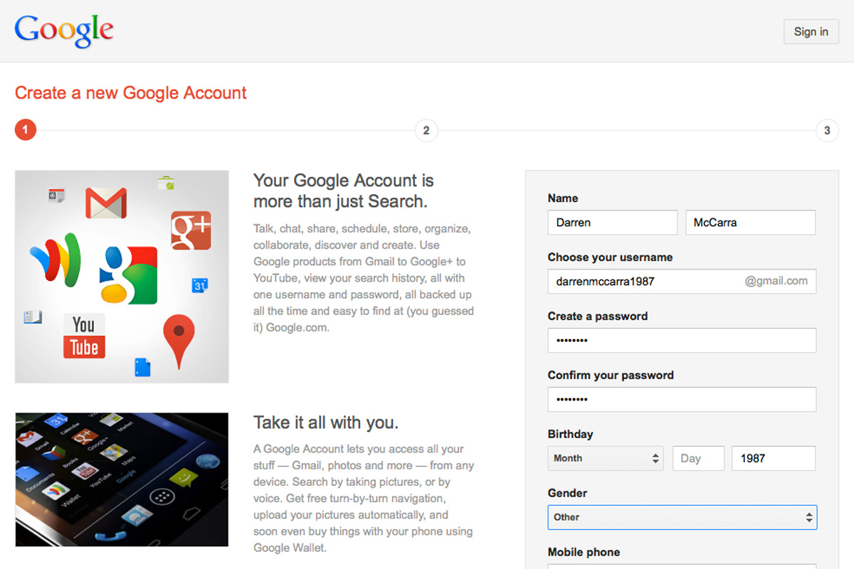 Google's new account sign-up page